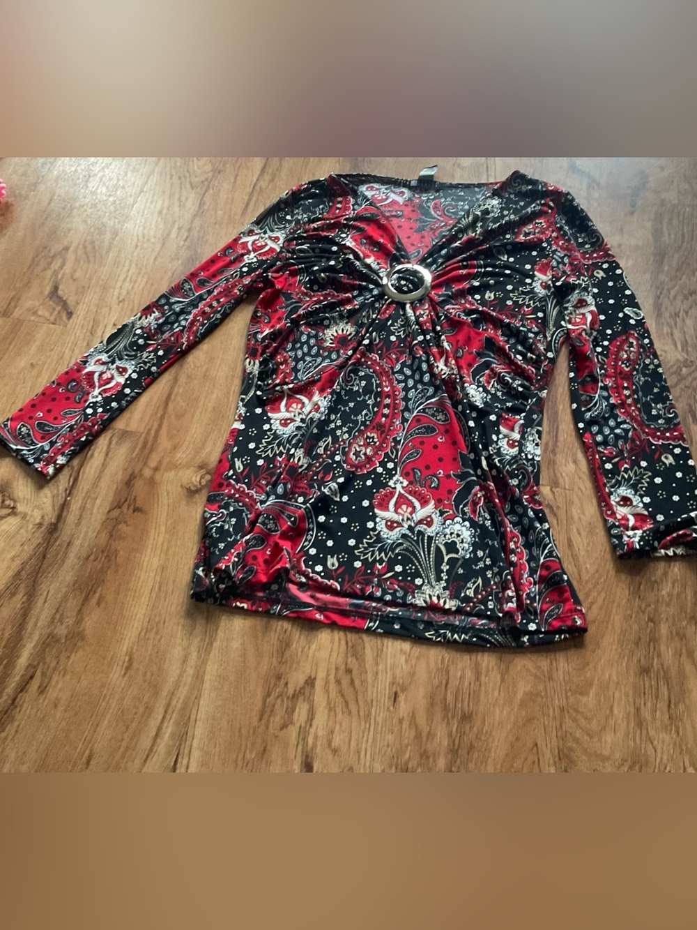 Carole Little Red and Black Paisley Ring-Front Long Sleeve Top